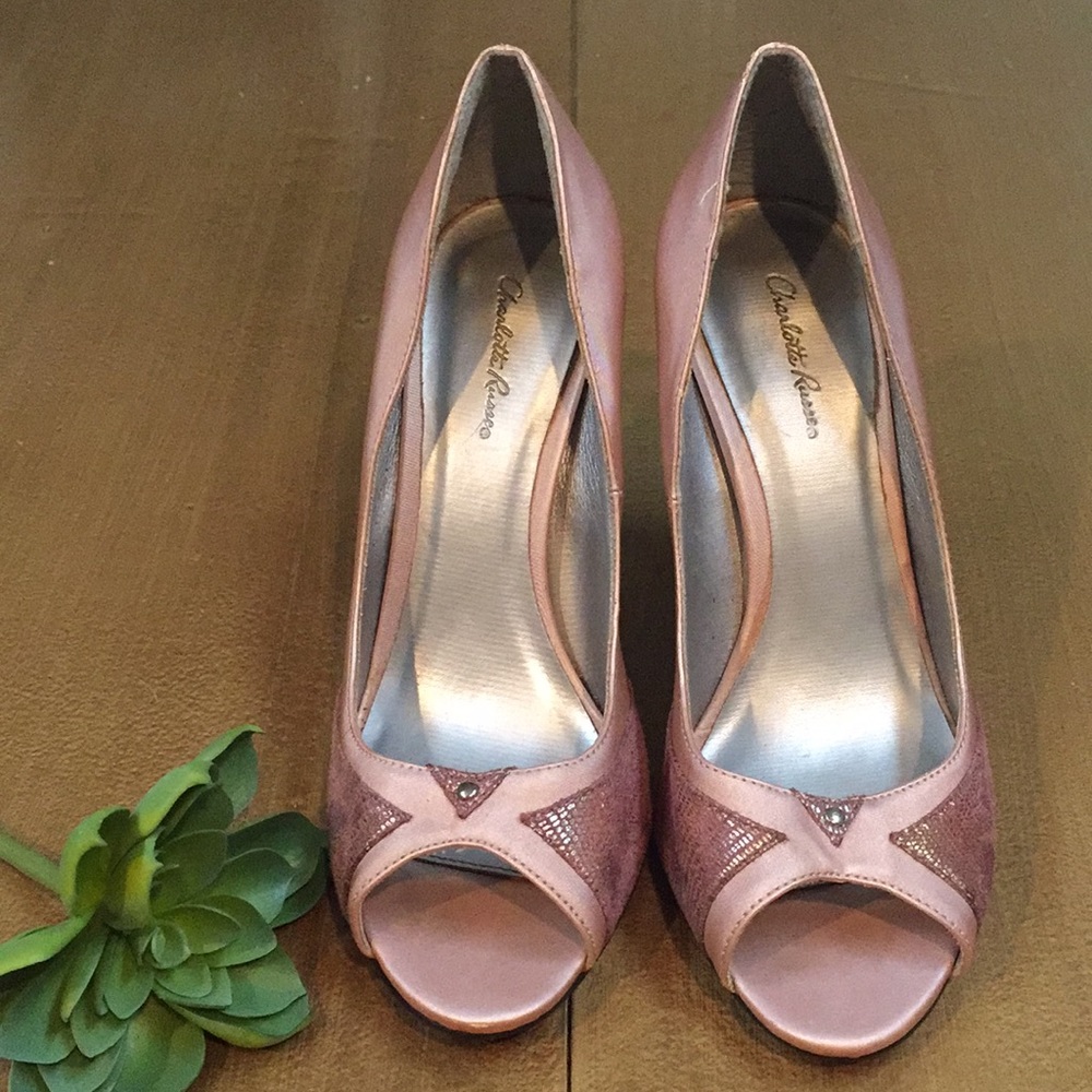Pink silky peep toe heels
